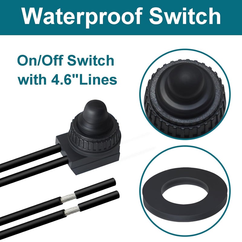 Gephynm 5PCS Waterproof Switch 12v, ON/Off SPST Waterproof Push Button Switch with 4.6 inch Lines for Auto, Motorcycle, RV, ATV and Boat (Black) KP-107 - Image 3